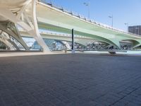 a man is skateboarding in the park next to the water under the bridge crossing