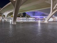 a pedestrian walkway leading to the city and next to a building under a bridge at night