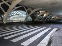 people are crossing the street on a crosswalk in an empty area of city hall