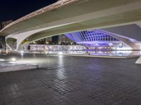 a walkway in a city at night that features many light up displays on the wall