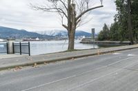 a paved road next to the edge of a lake with a snow - capped mountain