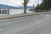 a paved road next to the edge of a lake with a snow - capped mountain