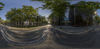 a 3d - rendering of a person walking past an empty street with trees in the background