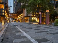 the empty city street is shown in this image at dusk on a cobblestone stone sidewalk