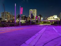 purple lights on a sidewalk at night in the cityscape of downtown los, california