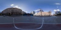 a reflection is seen in the middle of a skateboard park in europe and in the city