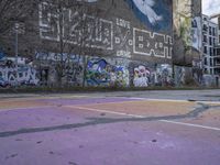 a basketball court in front of a building has graffiti on it with the words'harlem alley all over the wall