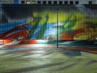 a colorful fence painted with the letter f painted onto it, next to a parking lot