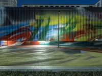 a colorful fence painted with the letter f painted onto it, next to a parking lot