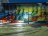 a colorful fence painted with the letter f painted onto it, next to a parking lot