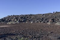 rocks and dirt are growing in the barren terrain of the land of a volcano, with rocks scattered around them