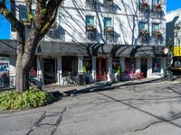 an empty street in front of small businesses along with tall windows and trees surrounding it