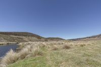 a body of water that has brown grass around it and mountains in the background, on top of a hill