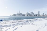 the water and snow are near a pier on the waterfront near a large cityscape