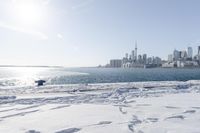 the water and snow are near a pier on the waterfront near a large cityscape