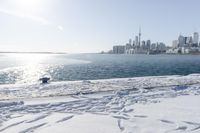 the water and snow are near a pier on the waterfront near a large cityscape