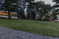 the wedding reception is set on a grassy field with trees surrounding it and lights hanging in the sky