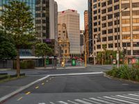 an empty city street with tall buildings in the background and signs at the end of it