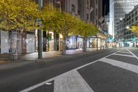 a city street that has trees at night with buildings in the background, and lights lit on