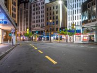 an empty street lined with shops near a light pole at night with no traffic signal