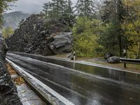a wet asphalt road in the forest, with rock walls to the side and a man riding a bicycle in the background