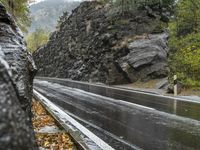 a wet asphalt road in the forest, with rock walls to the side and a man riding a bicycle in the background