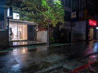 a wet city street at night and some cars parked under a tree on the side