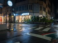 a wet city street in the rain at night with a store with shops and plants in the windows