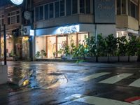 a wet city street in the rain at night with a store with shops and plants in the windows