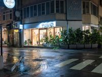 a wet city street in the rain at night with a store with shops and plants in the windows