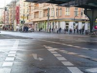 the view under the highway, on a rainy day of the city street and on the streets with buildings and bicycles