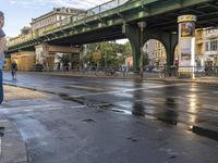 the view under the highway, on a rainy day of the city street and on the streets with buildings and bicycles