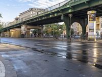 the view under the highway, on a rainy day of the city street and on the streets with buildings and bicycles