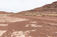 dirt road in desert near rock formations with sparse grass and shrubs around it under a white cloudy sky