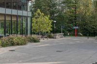 a white dog is walking down the concrete pathway towards a building with glass windows and trees