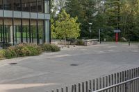 a white dog is walking down the concrete pathway towards a building with glass windows and trees