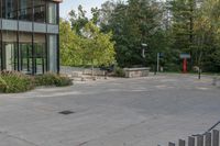 a white dog is walking down the concrete pathway towards a building with glass windows and trees