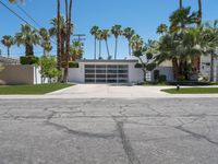 a white garage with three garages sitting next to palm trees and grass covered streets