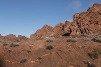 a white horse is standing alone in the mountain in the desert, in front of some red rocks