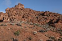 a white horse is standing alone in the mountain in the desert, in front of some red rocks