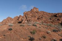 a white horse is standing alone in the mountain in the desert, in front of some red rocks