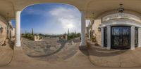 three spherical photographs of an open door on a stone walkway in front of a white house