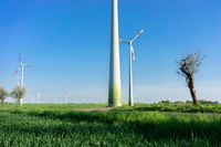 many wind turbines in the grass with trees near by in the background of clear blue sky