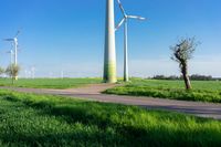 wind turbines are set next to the path outside of a grassy area, with a field full of trees behind it