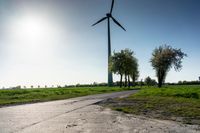 a person is walking down a paved path near wind turbines on a bright sunny day