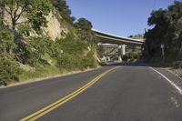 a winding road runs between two highways above a valley with trees and bushes on either side
