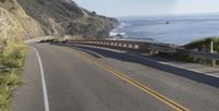 the road is winding by the side of the ocean and there are yellow lines on it