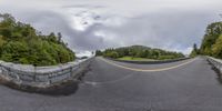 two panoramic images of a winding road in the woods of canada with mountains and forests in the background