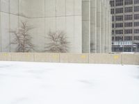 a parking meter sitting in the snow near buildings, looking toward the sidewalk area with trees