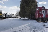 a red caboose and train cars parked near a tree and a snow covered trail